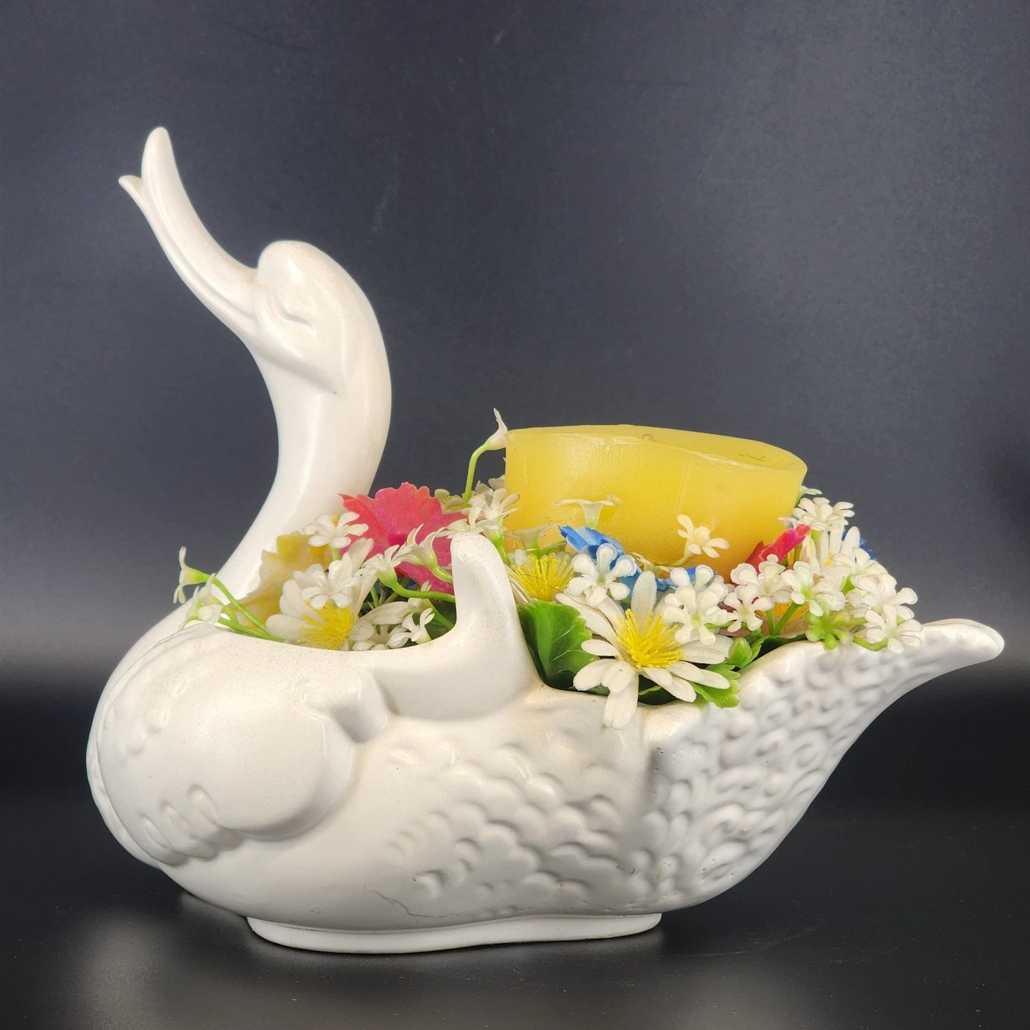 Hull Pottery Happy Duck Planter Floral 23 Matte White Swan Figurine Large USA