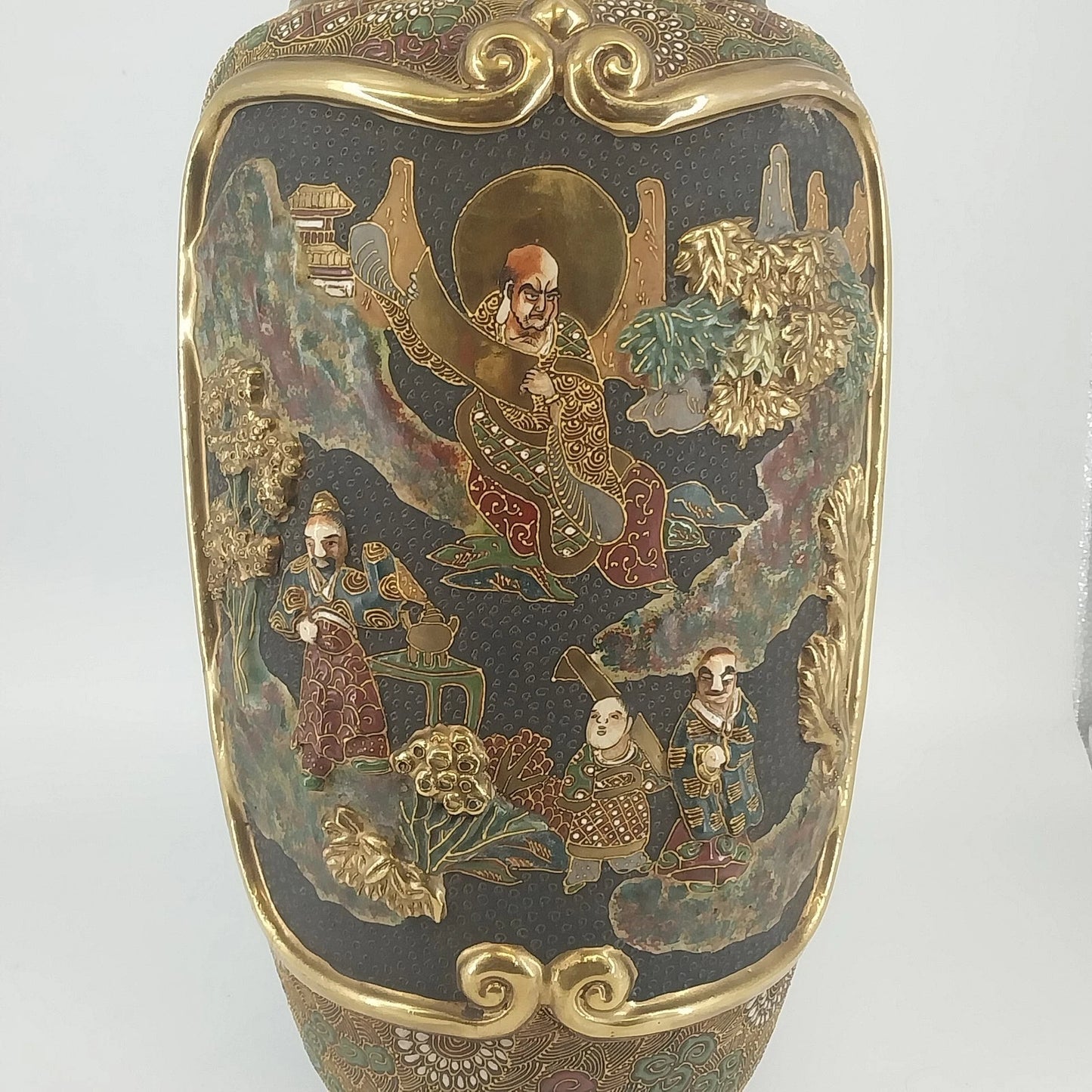 Japanese Moriage Satsuma Vase Lamp Base Gold Gilt Raised Relief 14.5" Antique