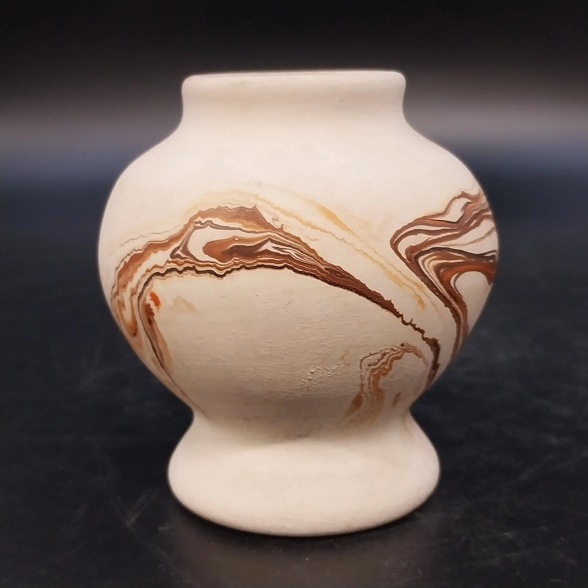 Nemadji Pottery Pedestal Vase Marbled Clay Brown Mauve Swirl 3.25" Vintage USA