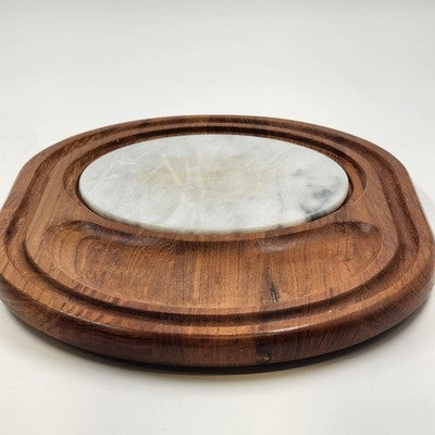 Teakwood Cheese Board Tray Marble Slab & Glass Dome Dolphin