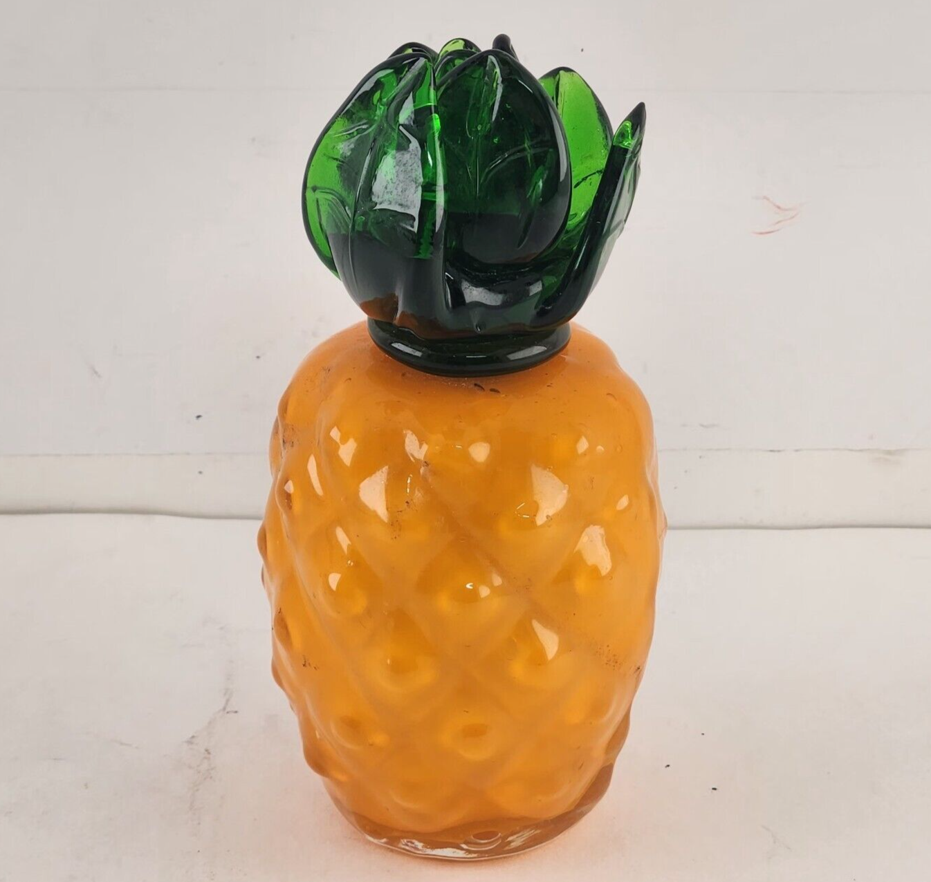 Art Glass Orange Pineapple Green Stem Hand Crafted Decorative Vegetable 6" T