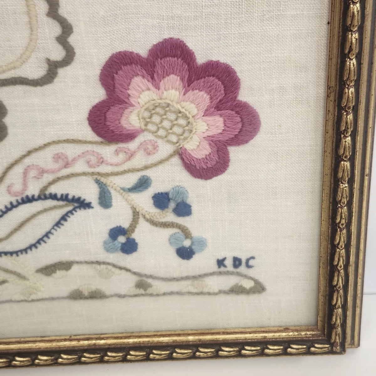 Framed Crewel Embroidery Tree of Life Peacock Floral Folk Art Signed KDC Vintage