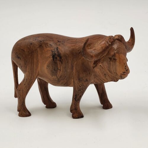 Wooden Water Buffalo Hand Carved Musk Ox Natural Hardwood Figurine 4.5" Long