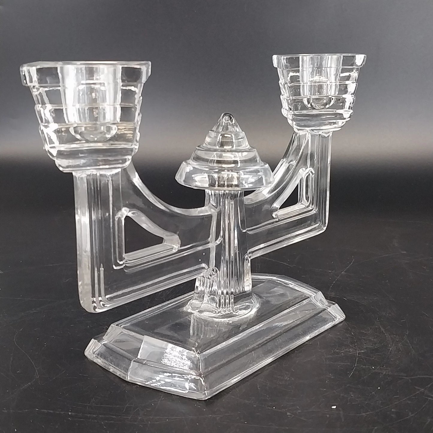 New Martinsville Art Deco Clear Glass Double Candle Holder Candelabra Vtg