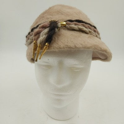 Aloska Cloche Beige Hat w Brown Black Tan Twisted Rope Trim & Gold Tone One Size