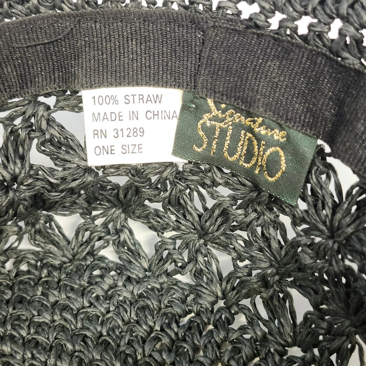 Signature Studio Women's Black Straw Hat Open Weave Floral Crochet Brim OSFM