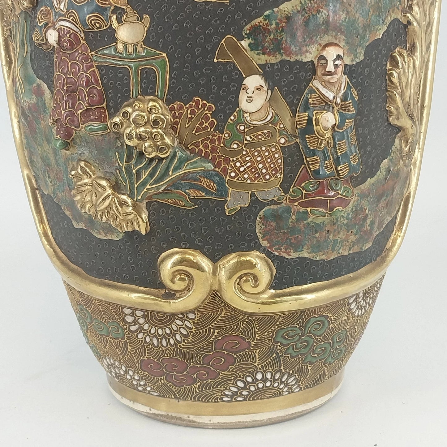 Japanese Moriage Satsuma Vase Lamp Base Gold Gilt Raised Relief 14.5" Antique