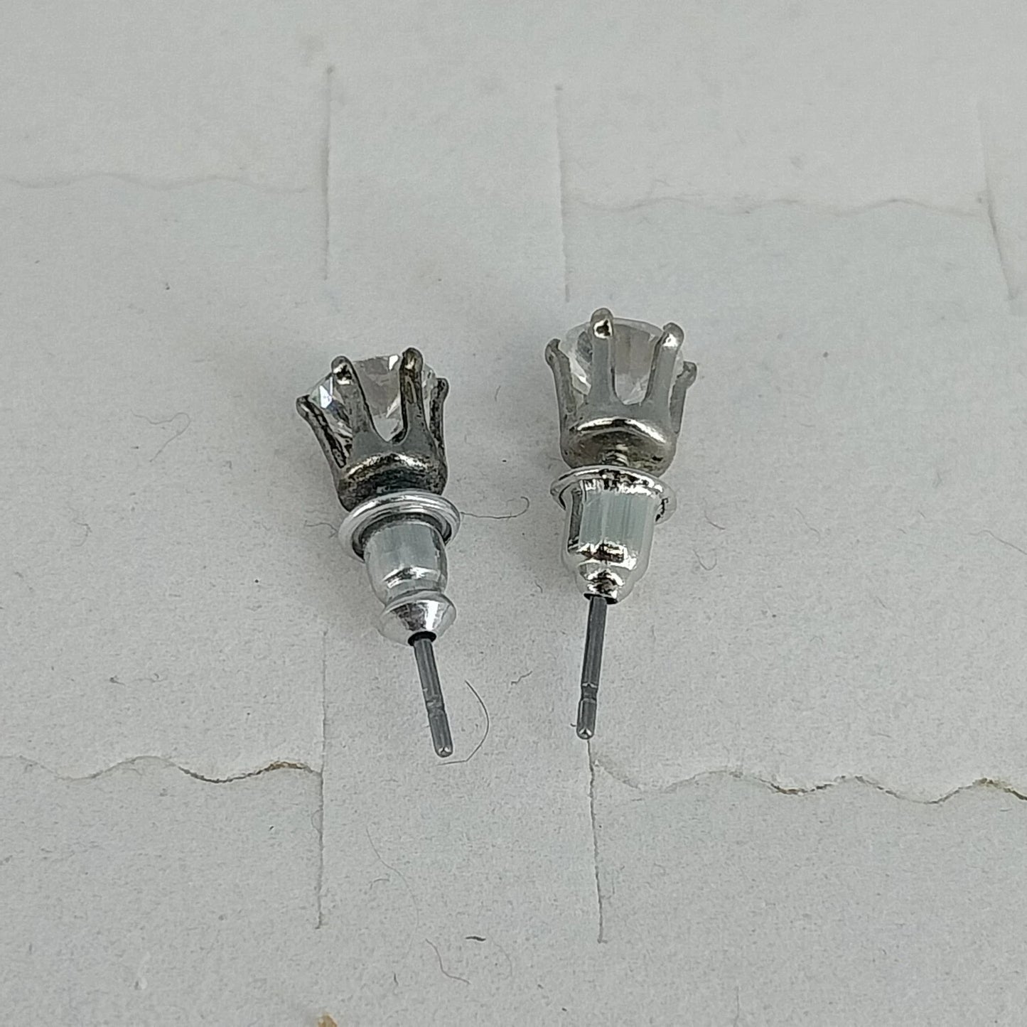 Round Clear Crystal Solitaire Stud Earrings Six Prong Silver Tone