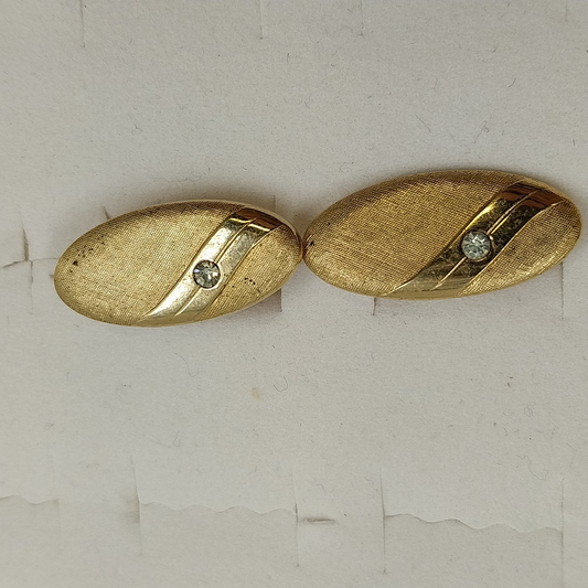 Swank Gold Tone Textured Oval Sleeve Cuff Links with Clear Rhinestones Vintage