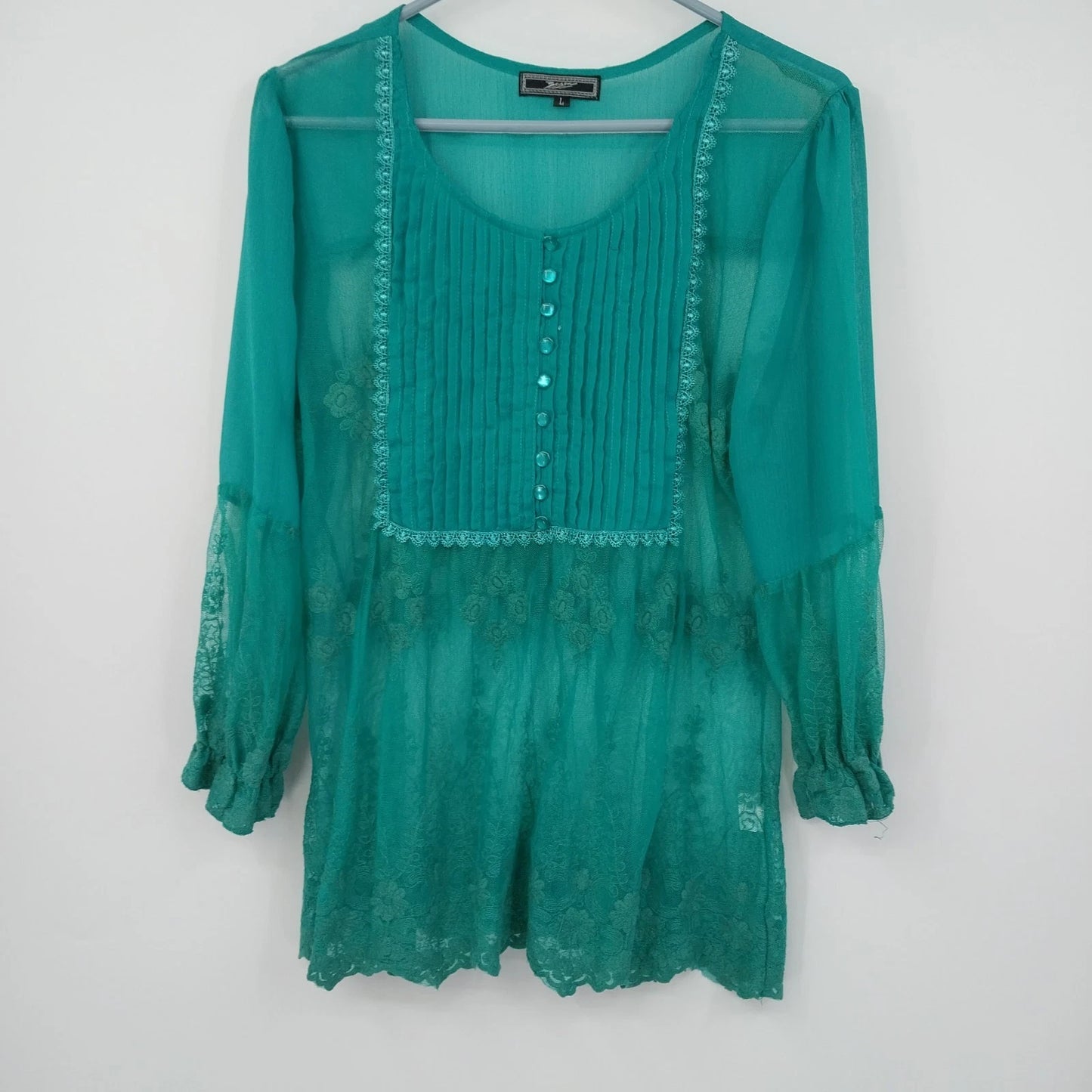 Zacin Women's Green Lace Mesh Tunic Blouse Long Sleeve Lined Top Size Large