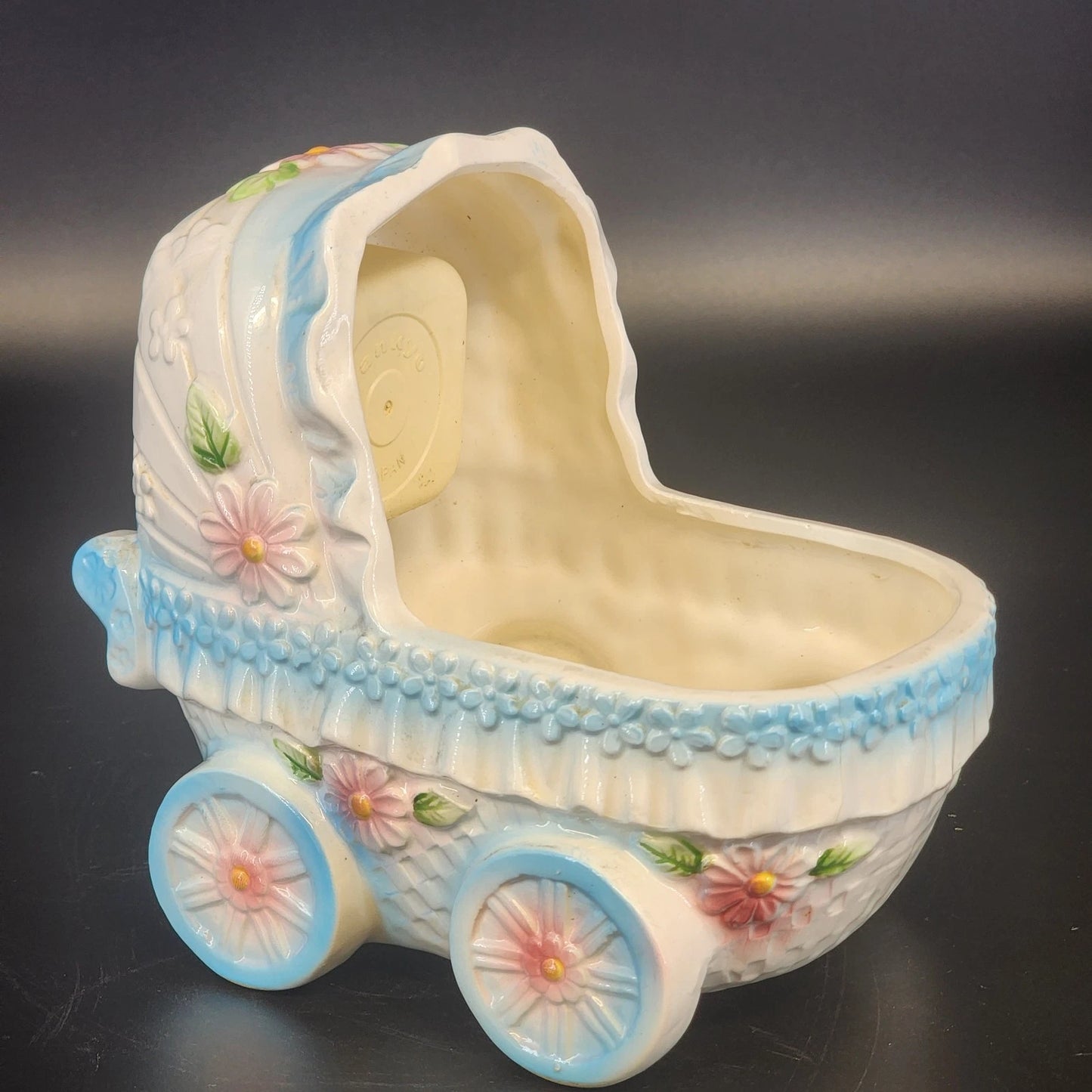 Ardco Japan Ceramic Baby Carriage Music Box Pink & Blue Nursery Decor 6" Works