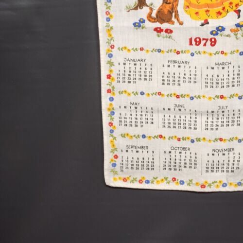 1979 Calendar Kitchen Linen Towel HAPPINESS IS Girl Petting A Dog Vintage