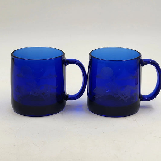 2 Cobalt Blue Coffee Mug Cups 12 oz Etched Running Wolves France