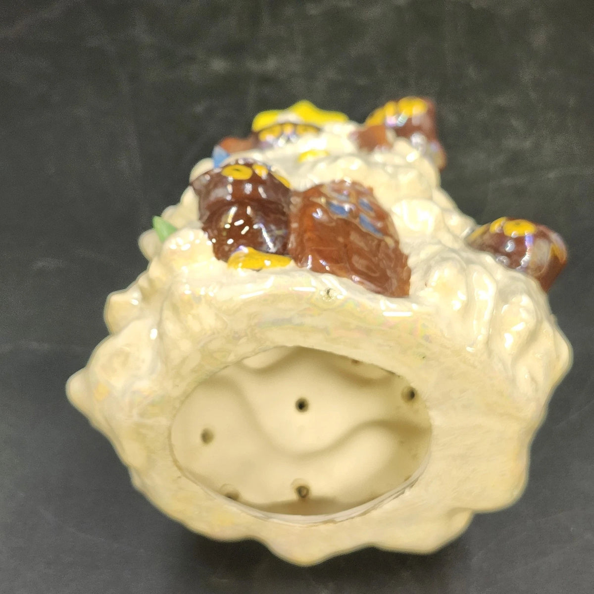 Ceramic Christmas Tree Owl Figurine Iridescent Glaze Light Holes Star on Top 5"