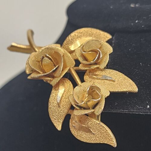 Textured Gold Tone Triple Rose Brooch with Leaves Costume Jewelry 2.5" Long Vtg