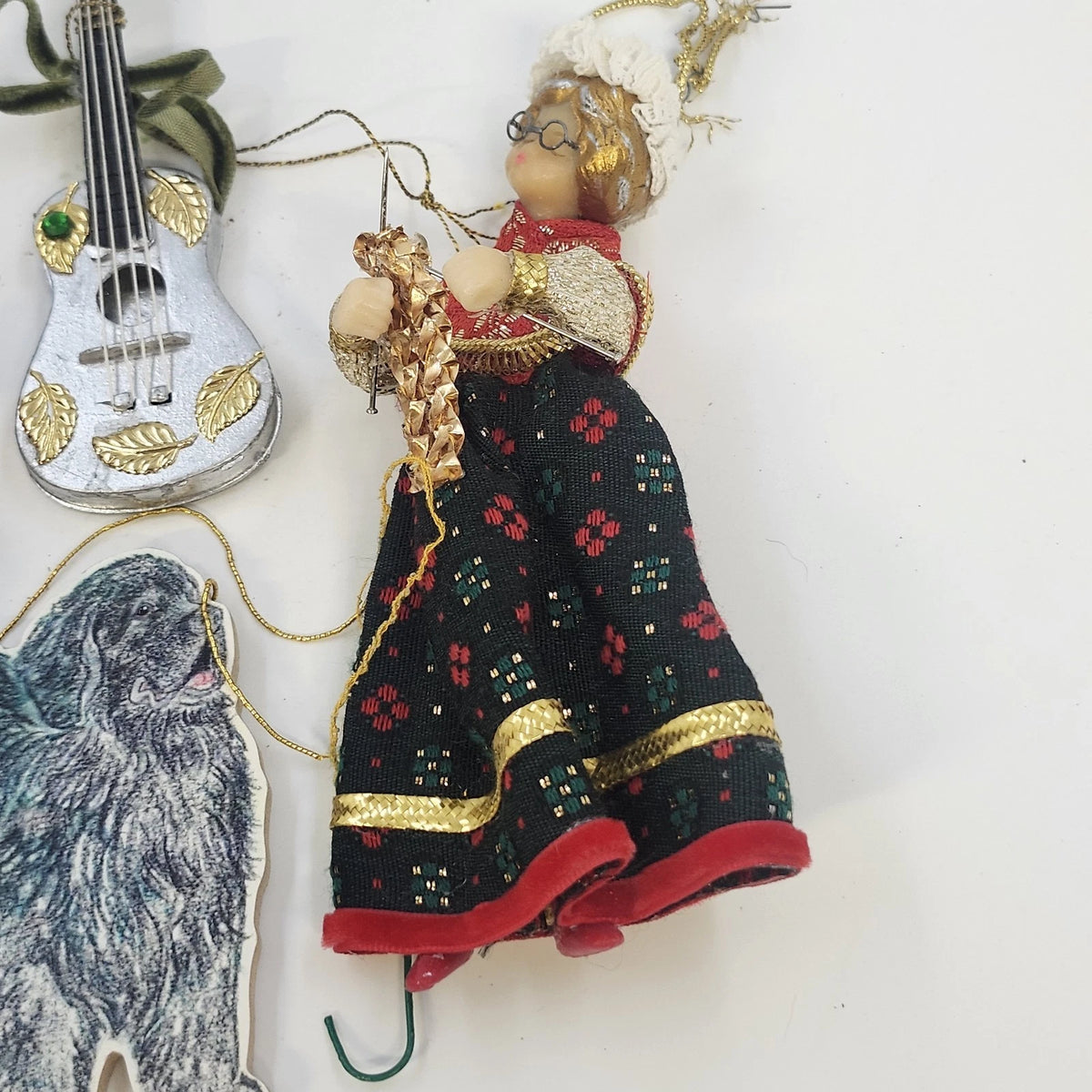 Christmas Ornaments Lot 4 Elf Knitting Lady Guitar Newfoundland Dog Mixed Media