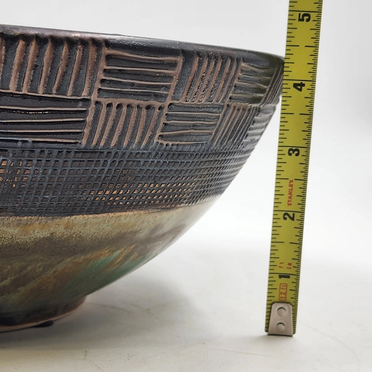 Ochre Green Glazed Pottery Bowl Basket Weave Outer Design Ceramic Lusterware 12"