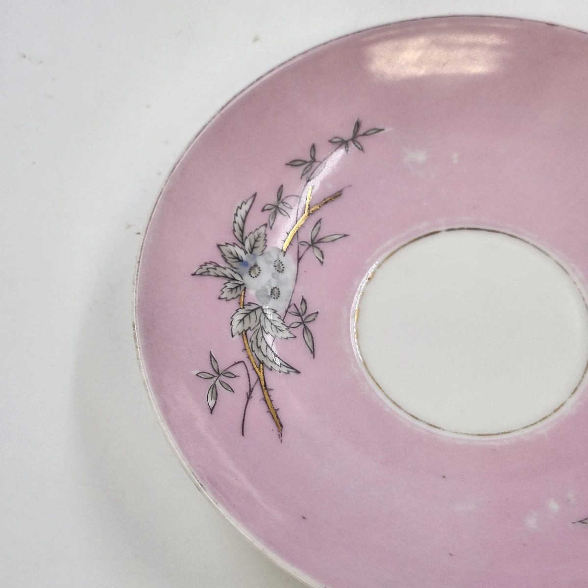 Pink Porcelain Teacup Saucer Blue Flowers Gold Trim 6" No. 7892 Vintage