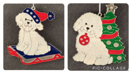 Danbury Mint Bichon Frise Metal JEWELED TREE & SLED Ornaments Enamel Finish