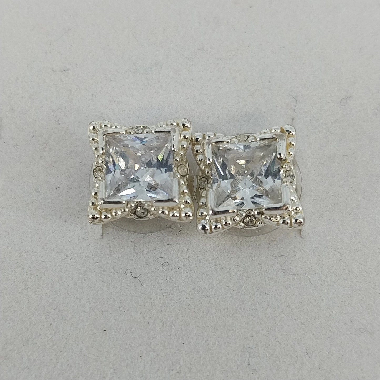 Square Clear Crystal Halo Stud Earrings Silver Tone Princess Cut Unbranded