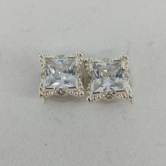 Square Clear Crystal Halo Stud Earrings Silver Tone Princess Cut Unbranded