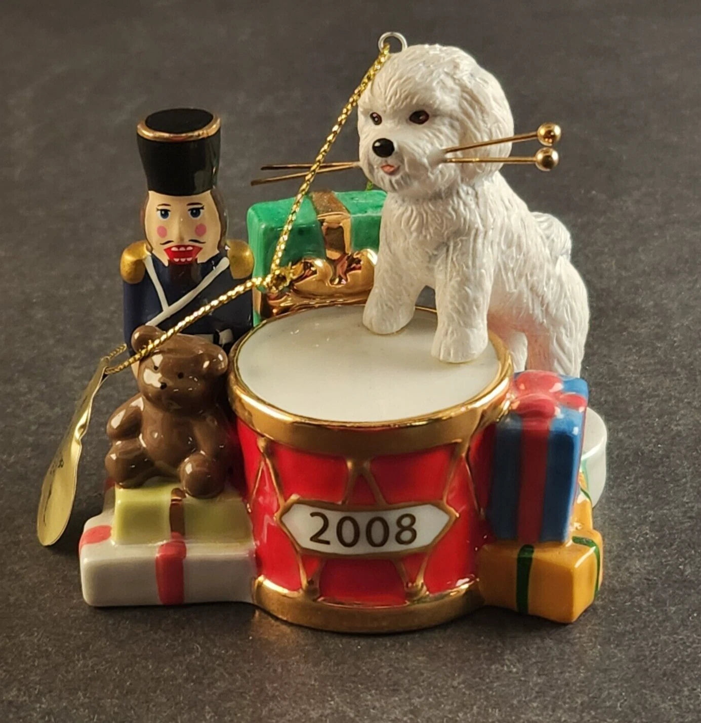 The Danbury Mint Christmas Ornament Drummer & Bichon Frise Dog 2008 Vintage