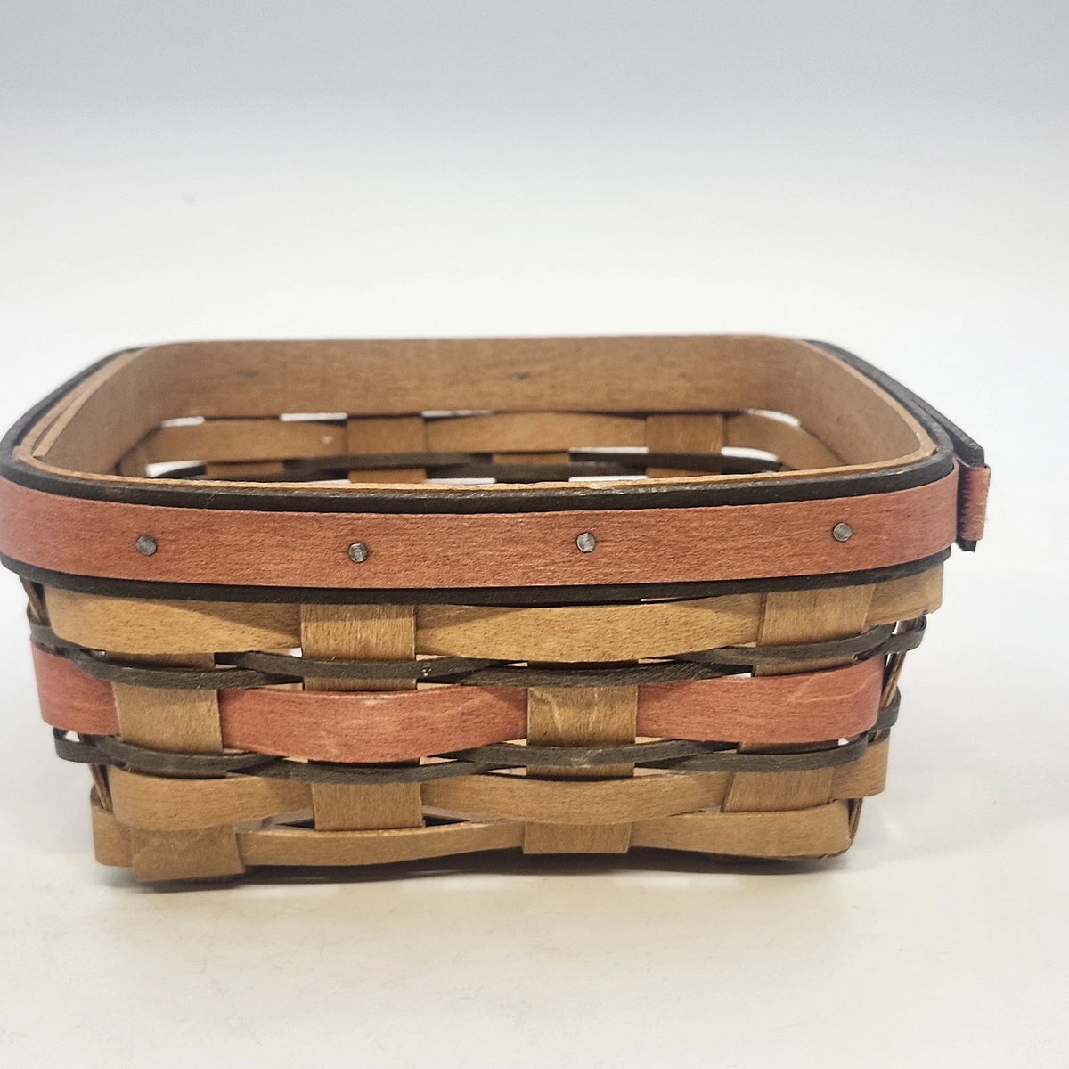 Longaberger Handwoven Natural Wood Basket Red Accent 6.75" Sq Dresden OH 2009