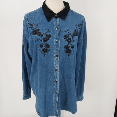 Cabin Creek Denim Shirt XL Floral Embroidered Long Sleeve 100% Cotton Women's