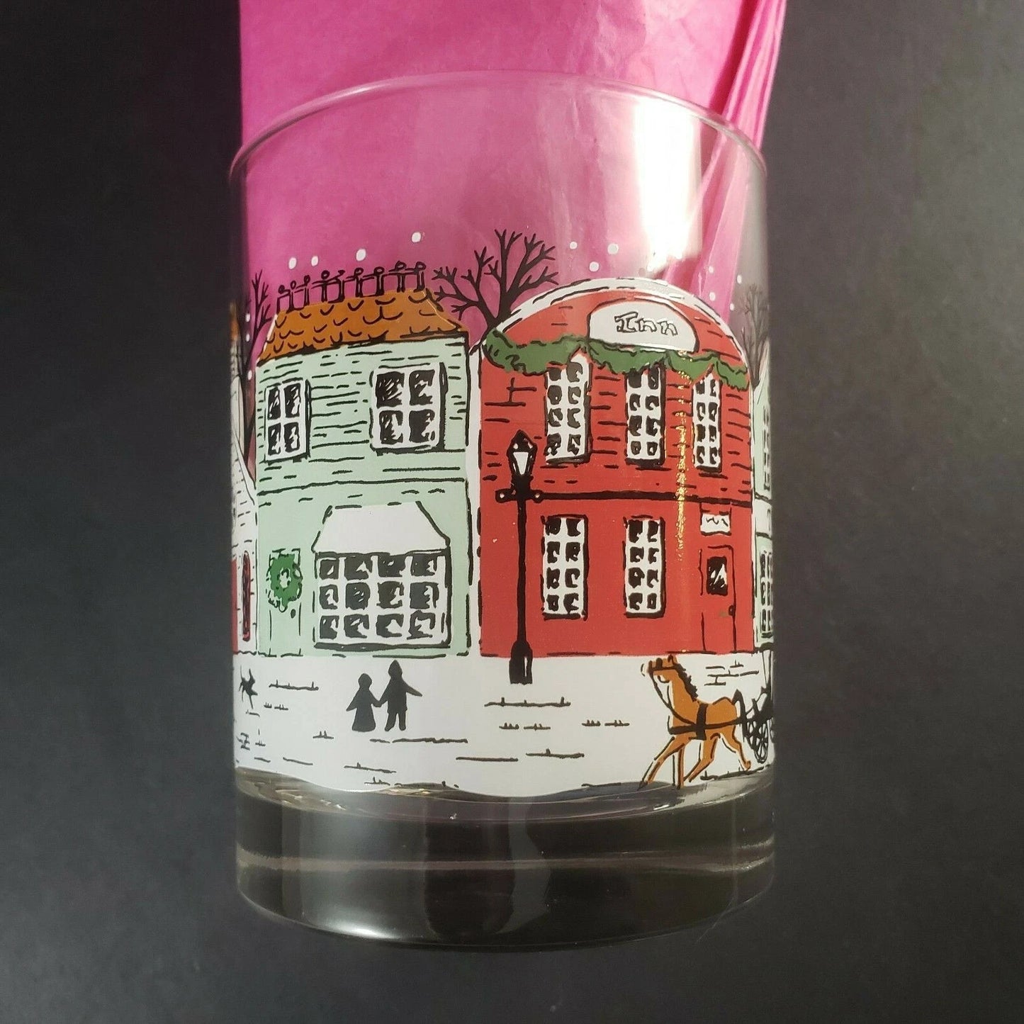 2 Christmas Rocks Glasses Town Square Main Street Holiday Barware Vintage 1980s