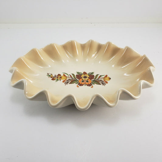 Ruffled Edge Decorative Oval Creme Ceramic Bowl Autumn Floral Design 12" Vintage