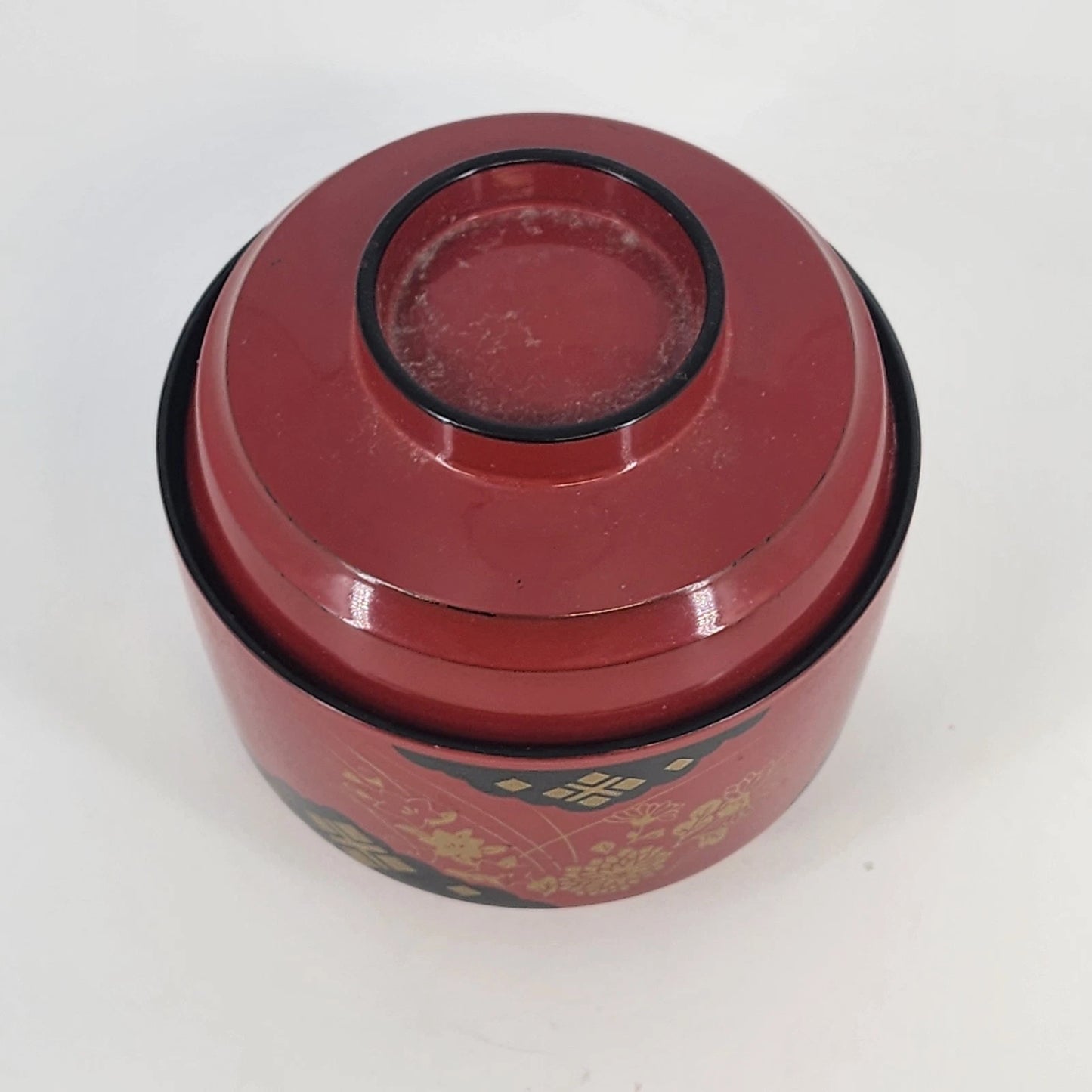 Japanese Lacquerware Red Rice Bowl with Lid Chrysanthemum Floral Gold Trim 4"x4"