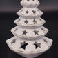 White Ceramic Christmas Tree Tea Light Holder Gold Star Cutouts 6.5" Holiday