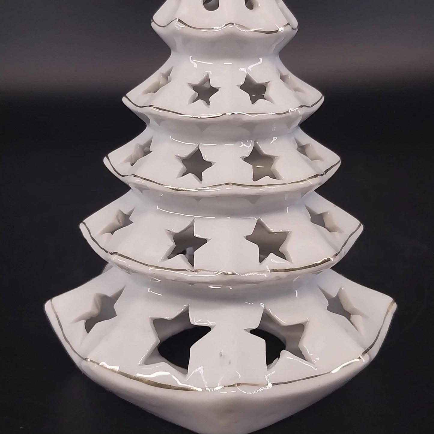 White Ceramic Christmas Tree Tea Light Holder Gold Star Cutouts 6.5" Holiday