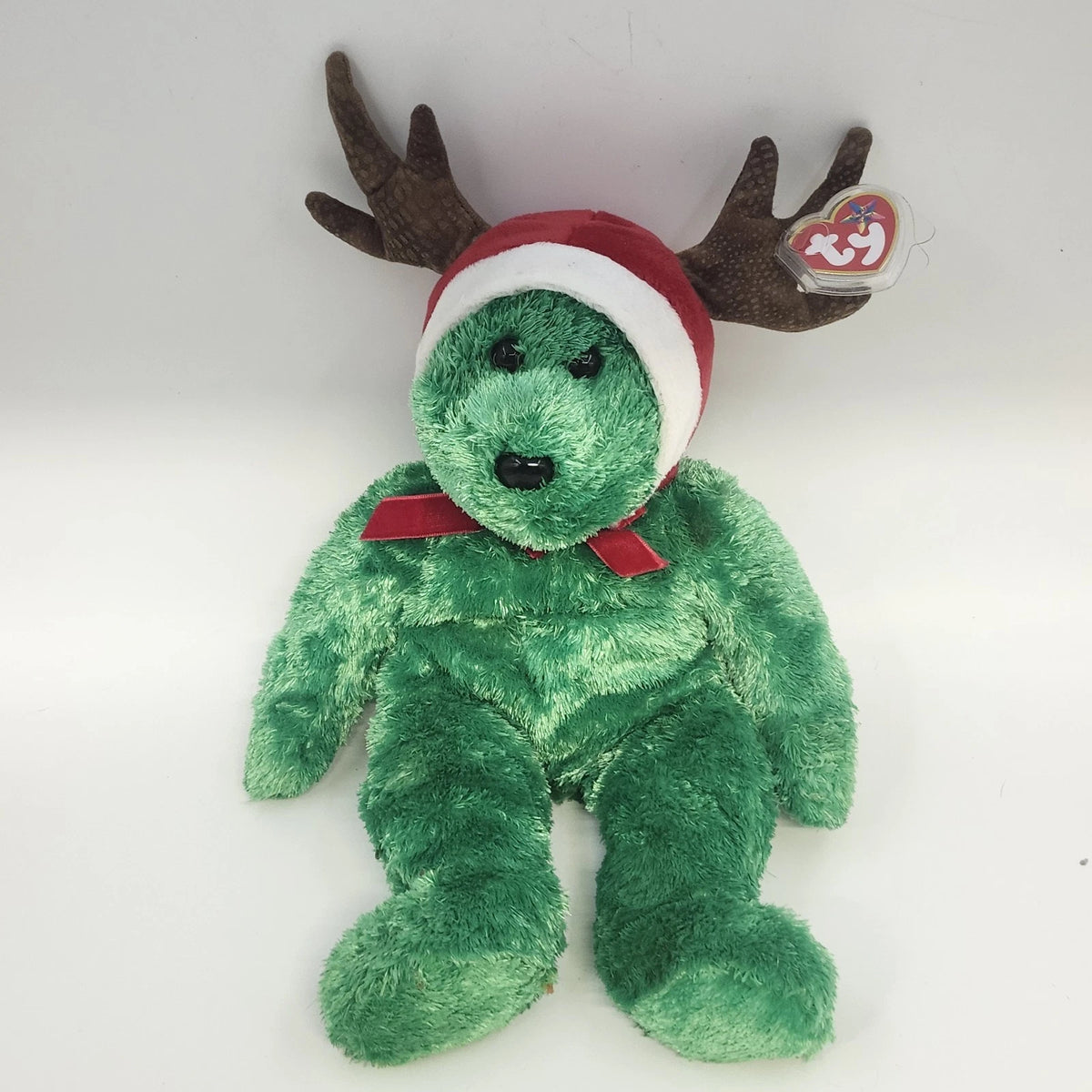 Ty Jingle Beanies Holiday Teddy Green Bear Christmas Reindeer Plush Shell 2002