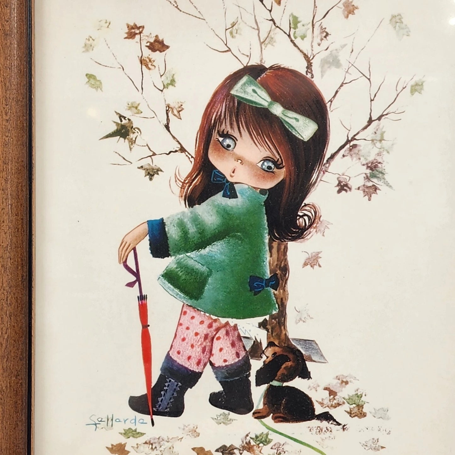 2 Fallarda Gallarda Big Eye Prints Pair 1960's Fall & Winter Framed Kitsch Art