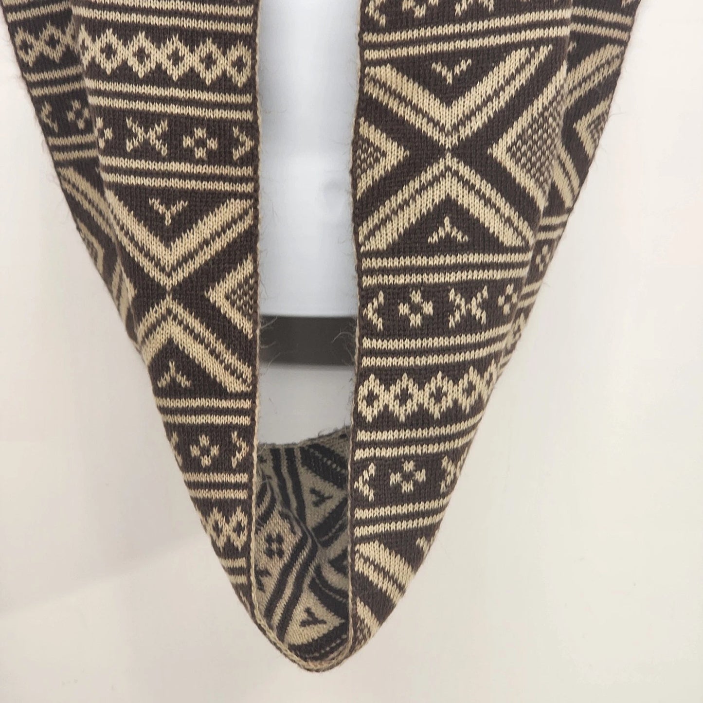 Geometric Tribal Infinity Scarf Brown Cream Acrylic Knit Neck Warmer 12x30" Vtg