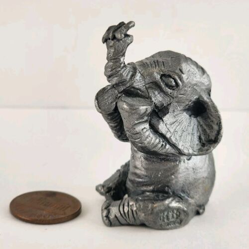 Pewter Baby Elephant Figurine Sitting Truck Up Butterfly Handcrafted 2" Tall