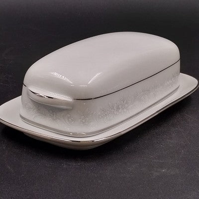 Noritake Cumberland Covered Butter Dish 8" White Floral Platinum Trim Vtg