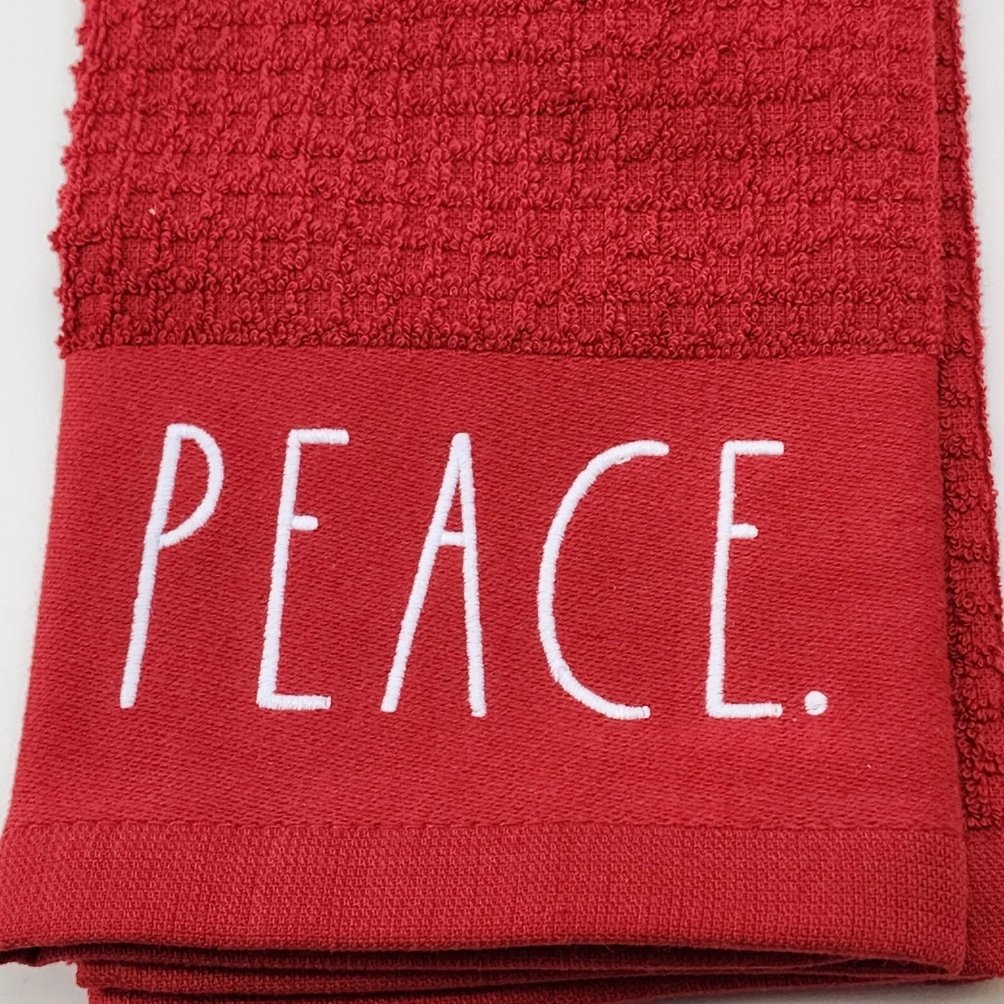 3 Rae Dunn Christmas Red Kitchen Towel Embroidered Peace Joy Believe 100% Cotton
