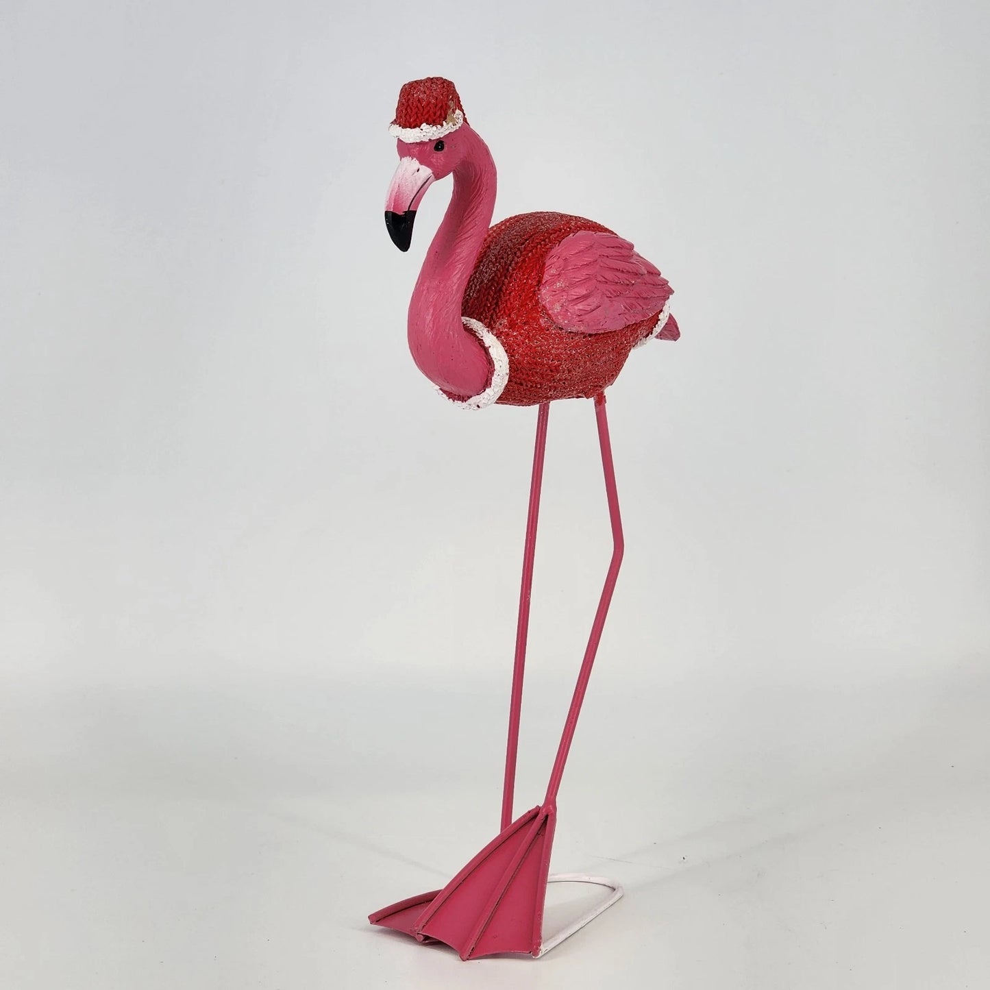 Christmas Flamingo Figurine 11" Resin & Wire Pink Holiday Decor Knit Coat & Hat