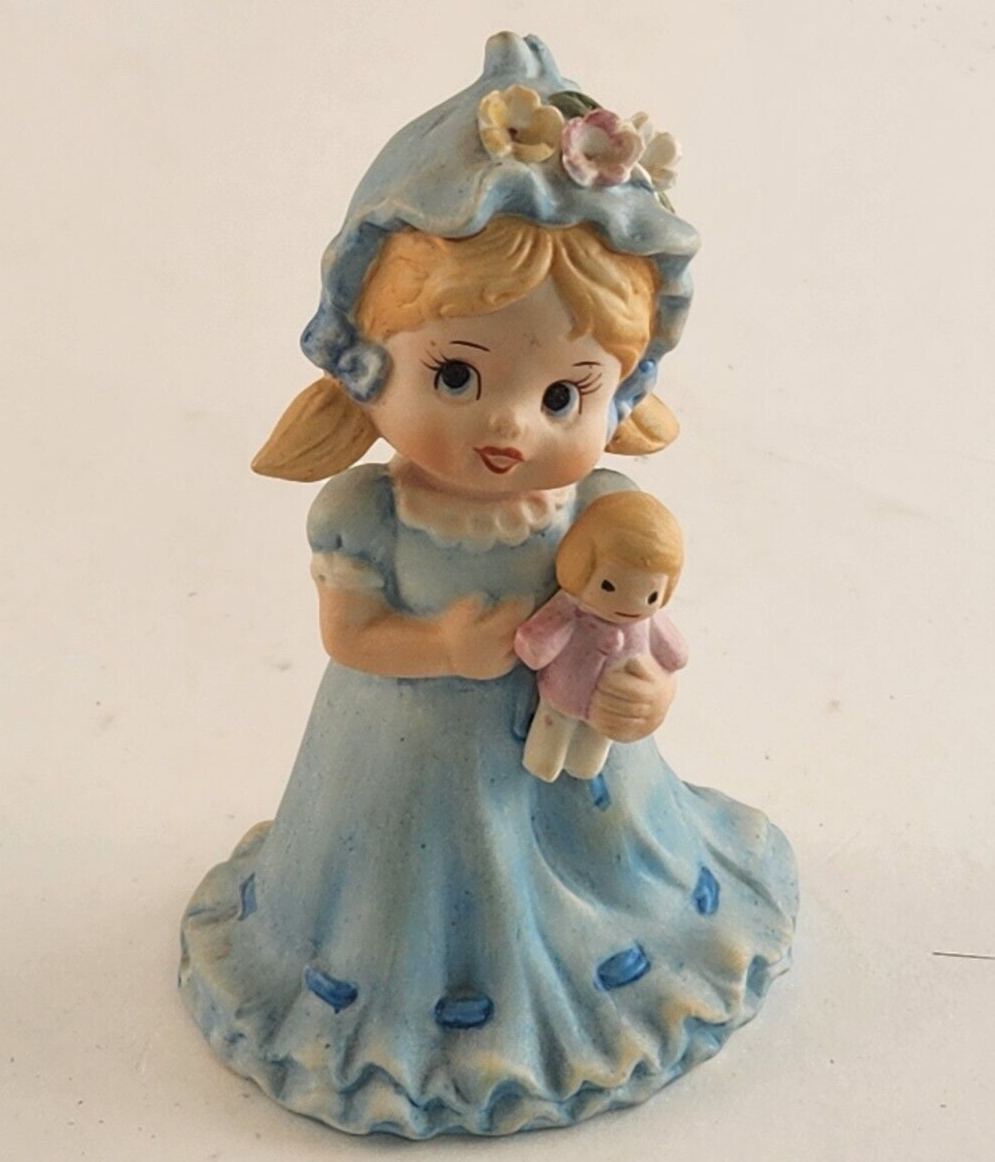 Napco Blue Girl w Doll Figurine Porcelain Bisque 4" Blue Blonde Japan