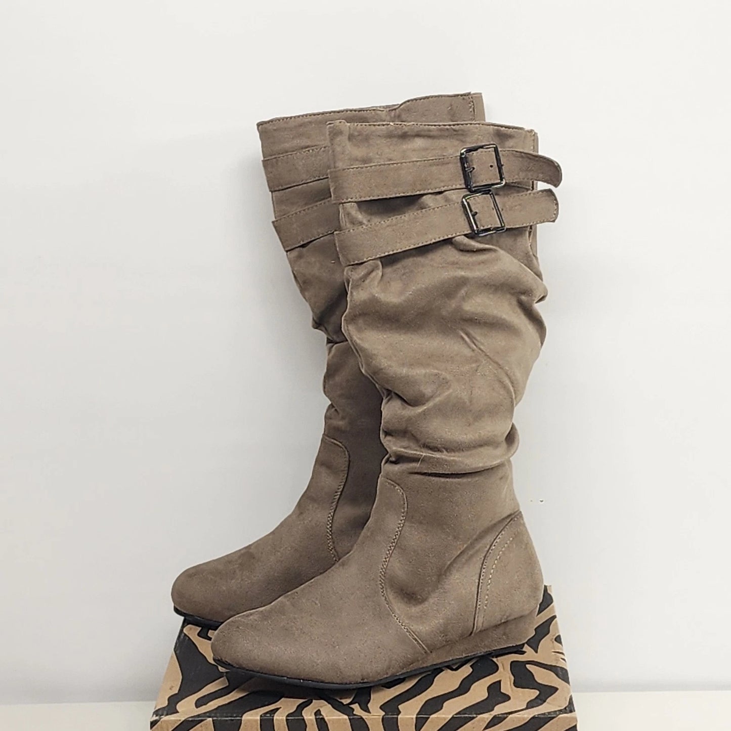 Anna Taupe Boots Slouch Faux Suede Knee High Women 8.5 Wedge Heel NWT Zip Buckle