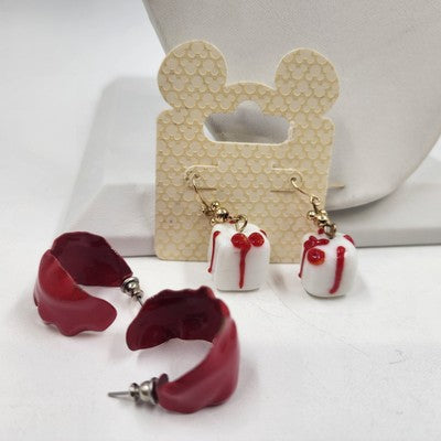 Set 2 White Red Disney Gift Box & Deep Red Wide Hoop Wavy Stud & Drop Earrings