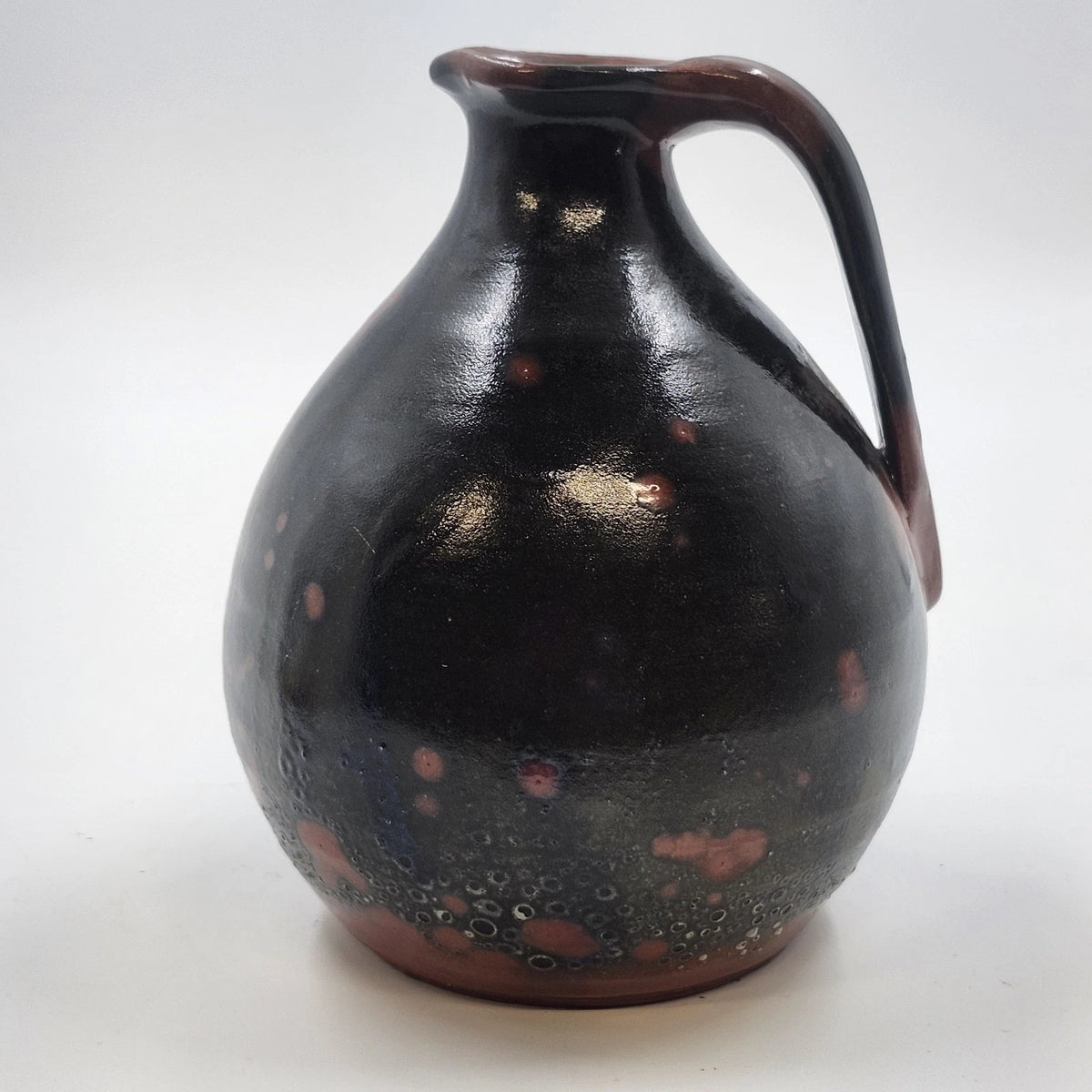 Redware Pottery Pitcher Dark Mottled Glaze 5.5" Tall Antique Style Unmarked