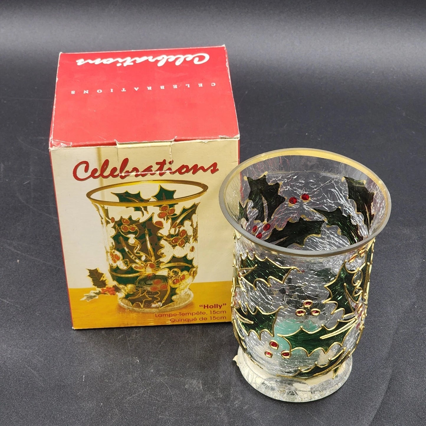 Celebrations Holly Tealight Candle Holder Clear 6" Hand Painted Hurricane Style