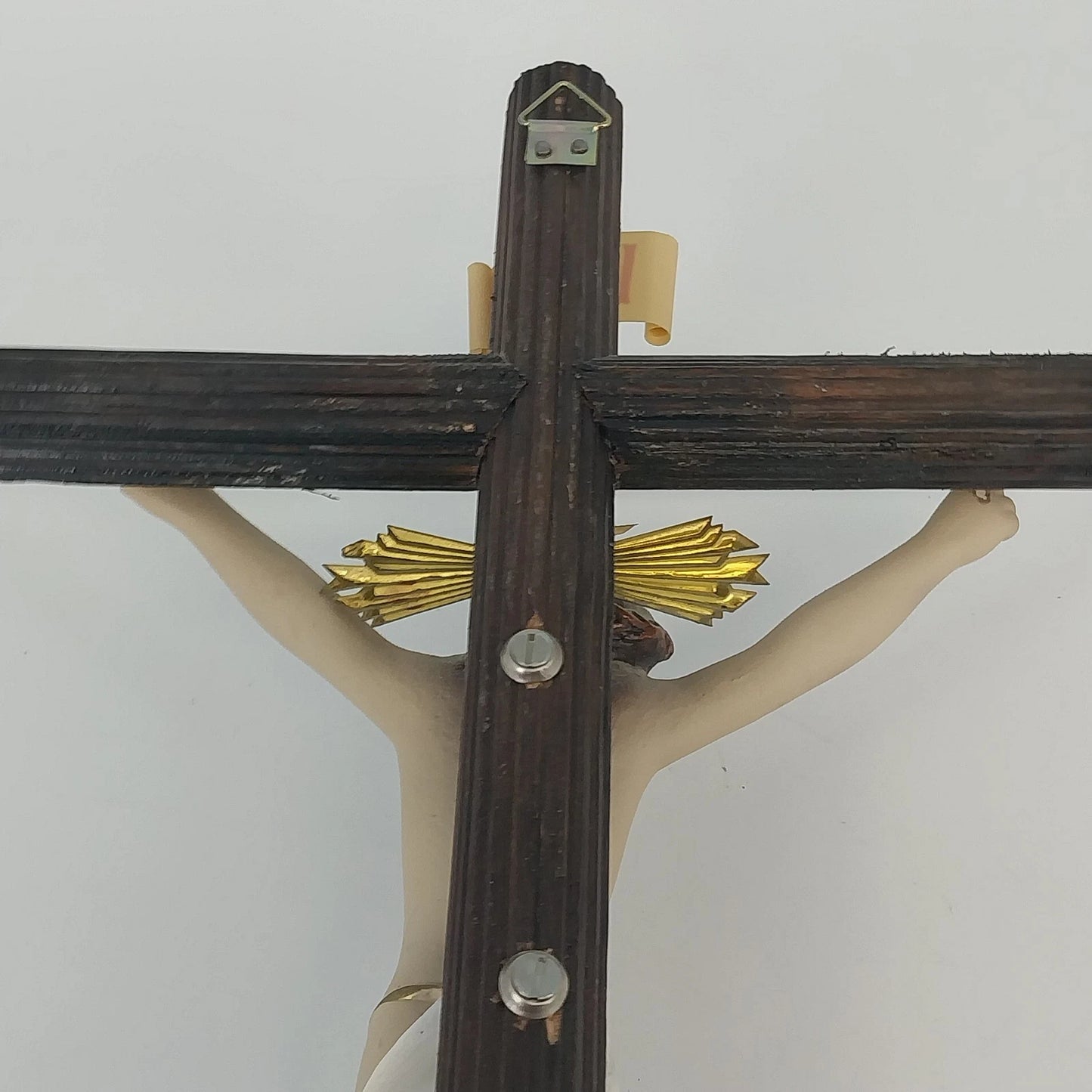 Catholic Wooden Wall Crucifix Resin Jesus Christ INRI 15" Religious Vintage