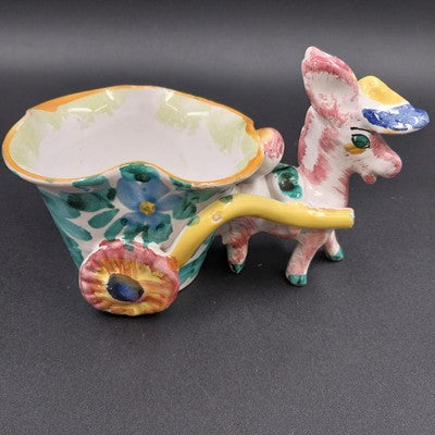 Italian Multicolor Ceramic Donkey Pulling Cart Planter Hand Painted Signed Italy