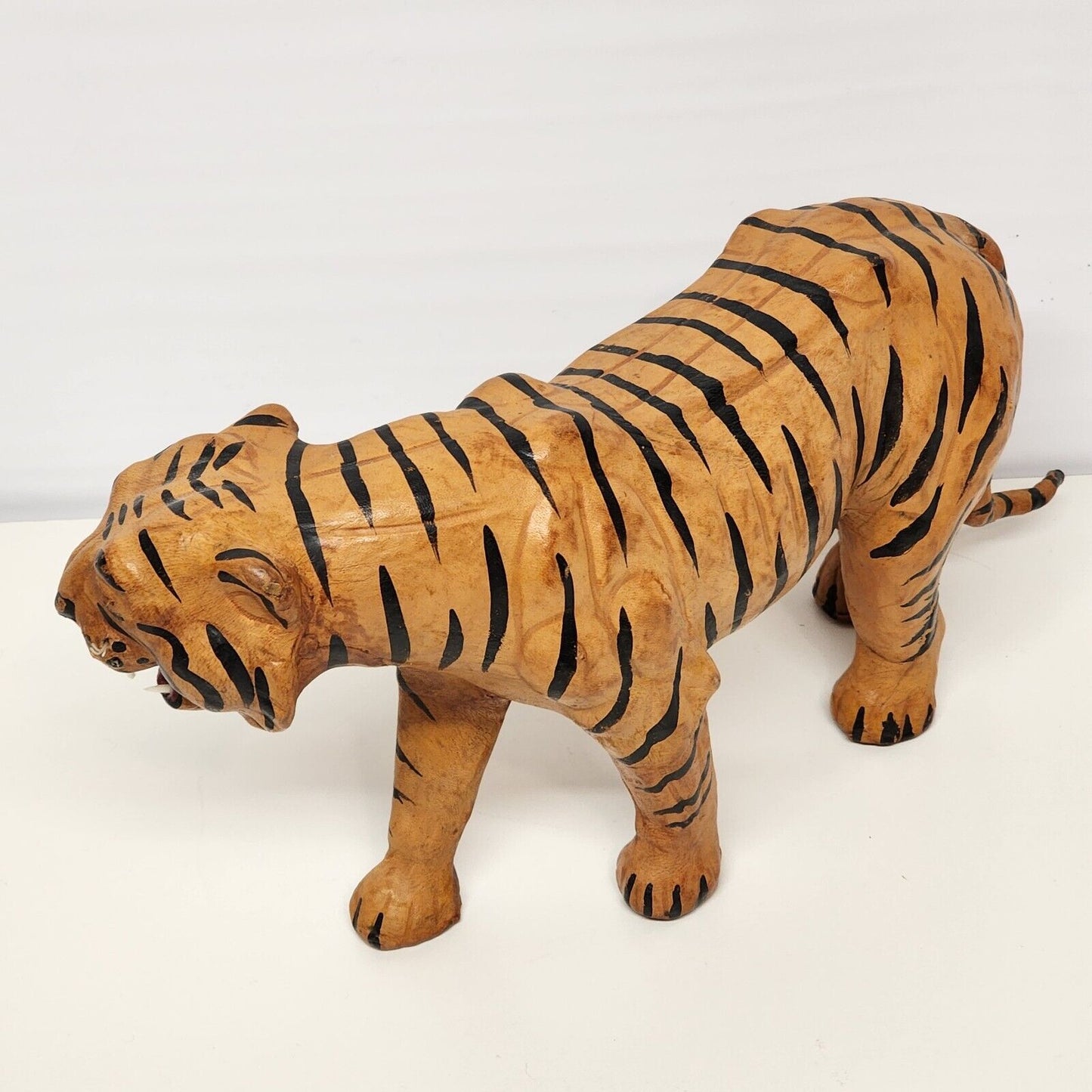 Large Leather Wrapped Tiger Figurine Walking Vintage 15" L x 3½" W x 7½" H