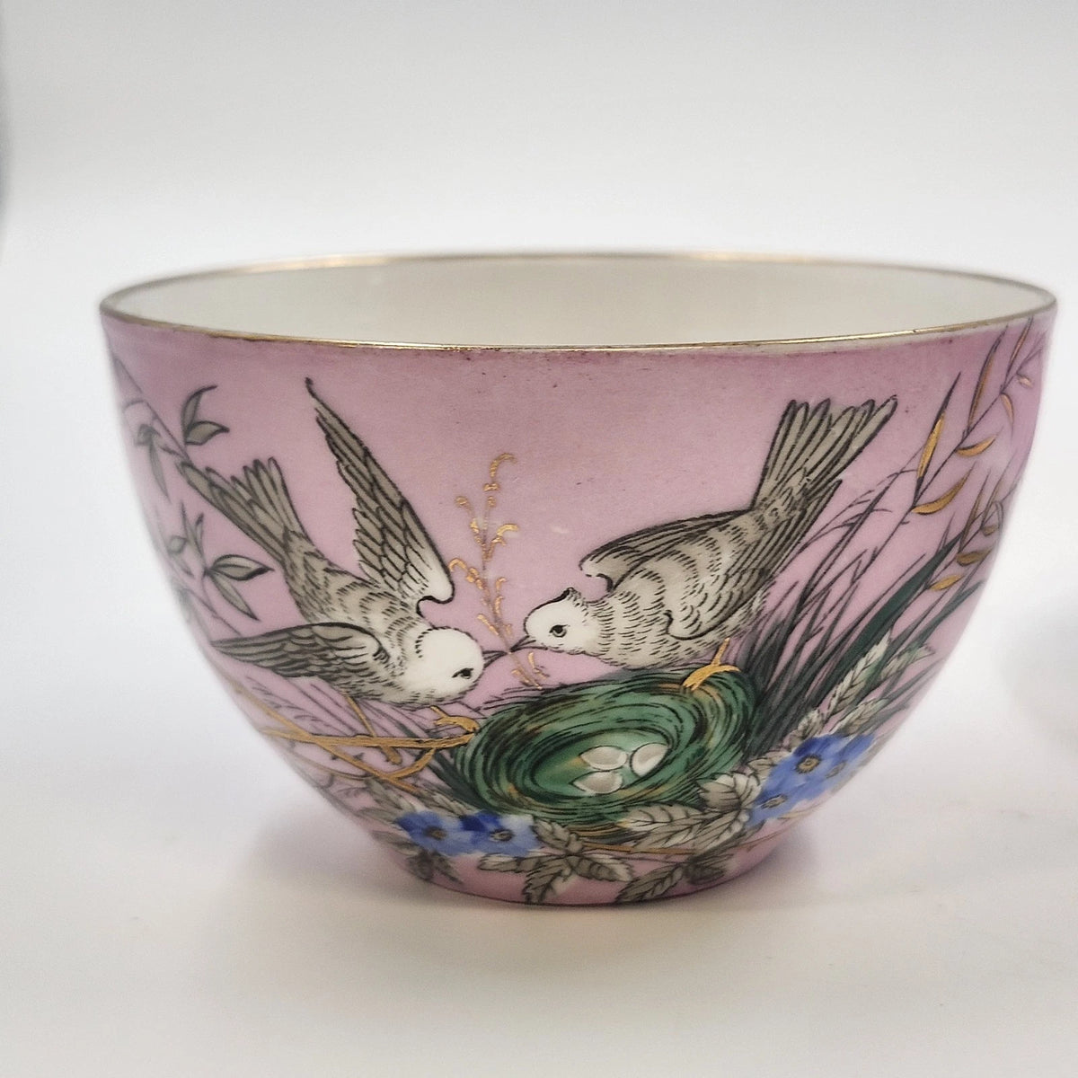 Pink Porcelain Teacup & Saucer Birds Nest Blue Flowers Gold Trim Vintage 5.5"