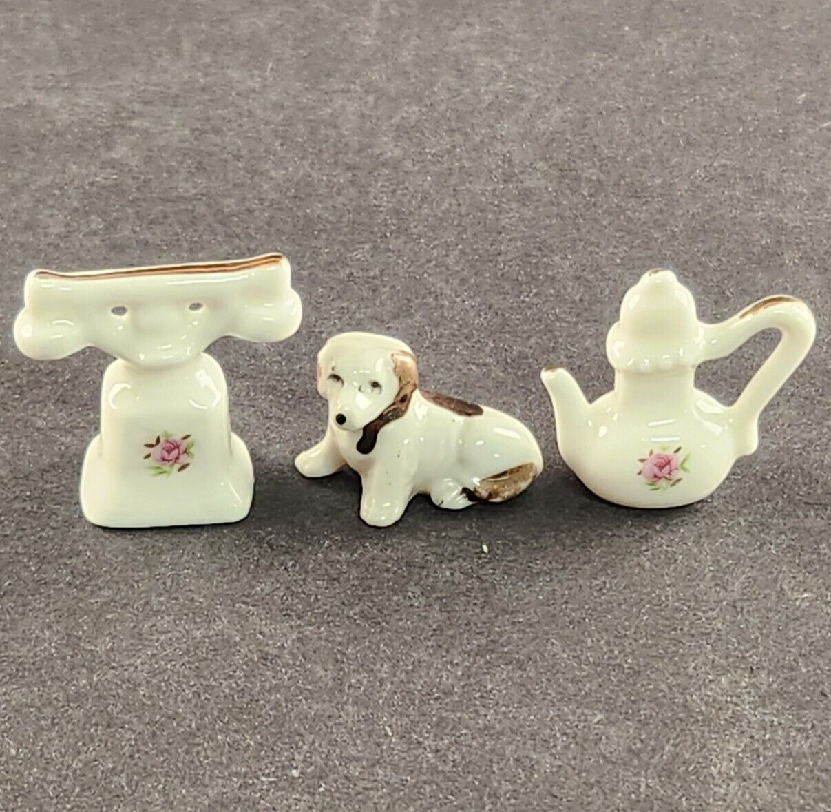 Set 3 Piece Vintage Miniature Porcelain Japan Telephone Teapot Dog Shadow Box